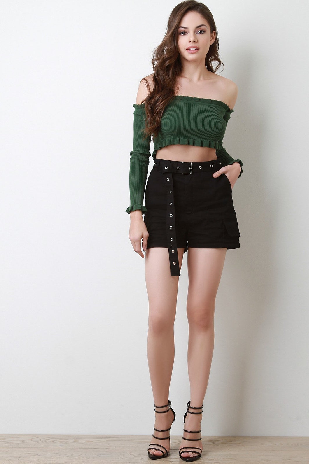 High Waisted Eyelet Belted Cargo Shorts